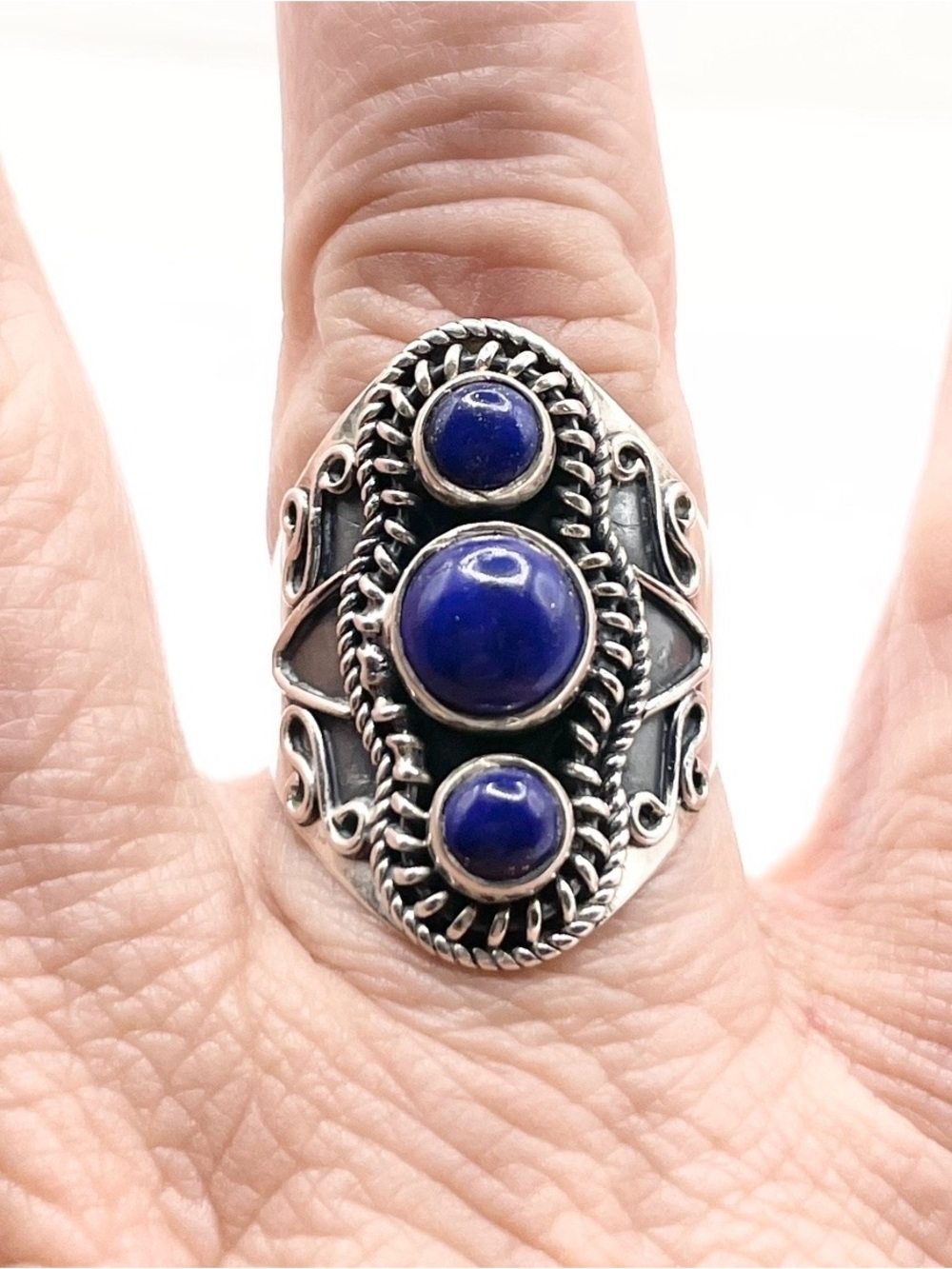 Size 9 925 Sterling Silver Blue Lapis Triple Cabochon Statement Ring - Picture 7 of 10